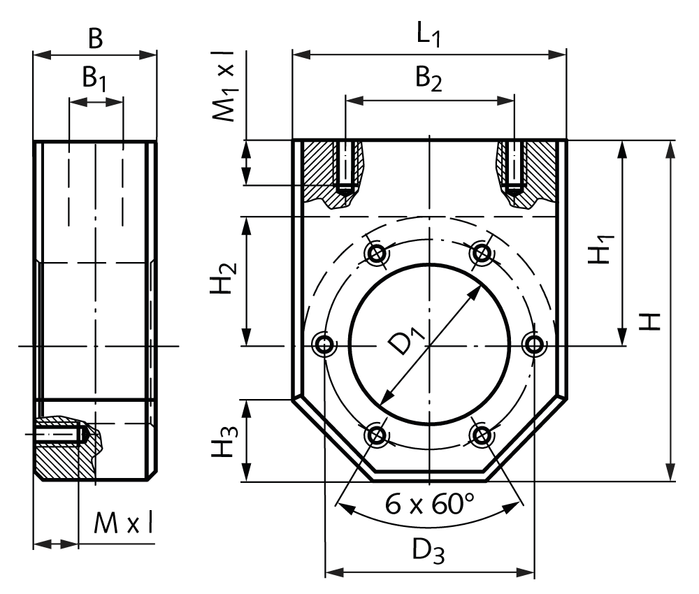 Adapter console KONA-38 bore D1=38mm D3=50mm thread=M6 x 12