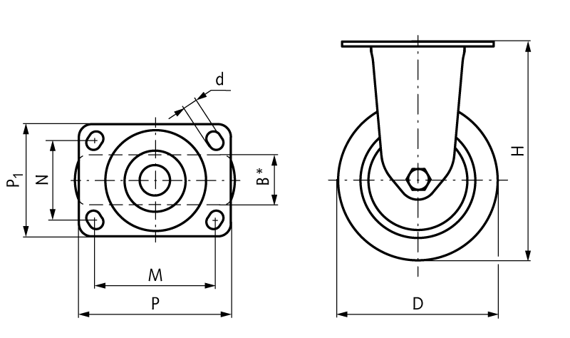 Apparatus castor with plate TPE-wheel rubber grey heavy design Fixed castor wheel Ø 100