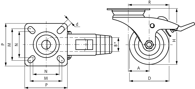 Apparatus castor with plate TPE-wheel rubber grey light design swivel castor with brake system wheel Ø 75