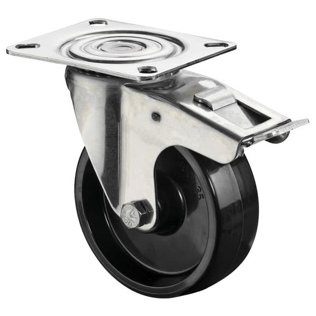 Heat-resistant stainless steel castor with perforated plate thermoplastic compound black swivel castor with brake wheel Ø 100