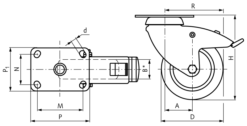 Apparatus castor with plate TPE-wheel rubber grey heavy design swivel castor with brake system wheel Ø 125