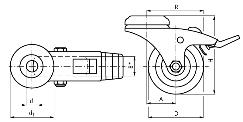 Apparatus castor with hole TPE-wheel rubber grey light design swivel castor with brake system wheel Ø 50