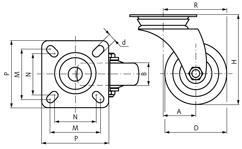 Apparatus castor with plate TPE rubber-wheel grey light design swivel castor wheel Ø 75 electrically conductive