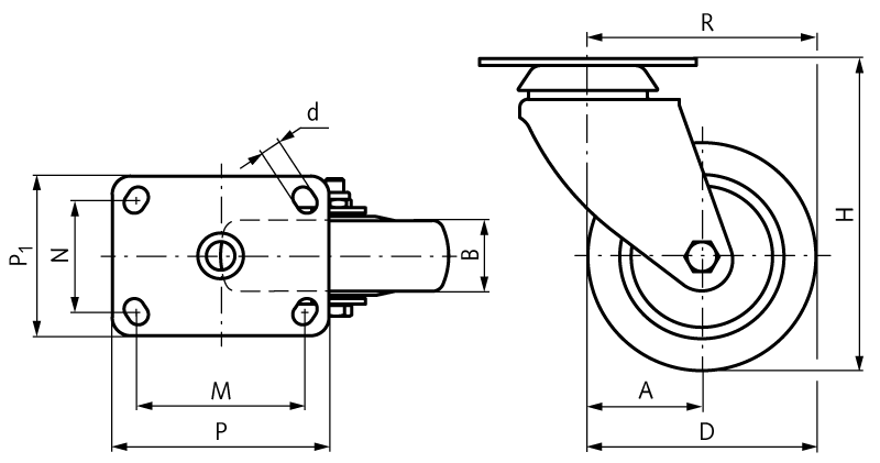 Apparatus castor with plate TPE-wheel rubber grey heavy design swivel castor wheel Ø 100