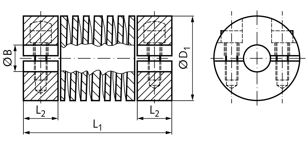 Beam coupling LA made from stainless steel max. torque 48Nm overall length 76.20mm outer diameter 44.45mm both sides bore 19mm