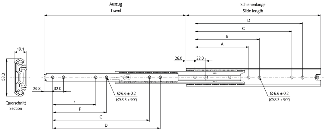 Slide set DS 5334 Slide length 450mm stainless steel 1.4301