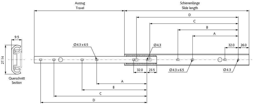 Slide set DZ 2720 Slide length 450mm zinc plated
