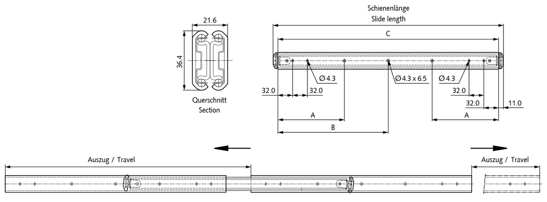 Slide set DZ 3630 Slide length 400mm zinc plated