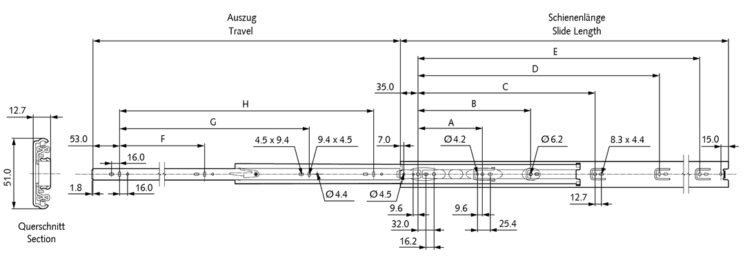Slide set DZ 3932 Slide length 400mm zinc plated
