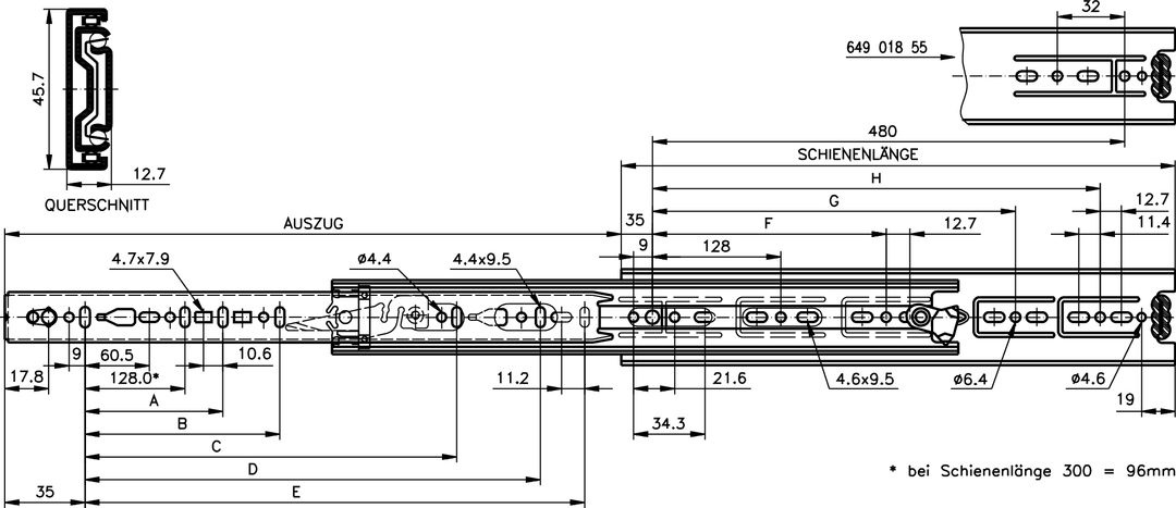 Slide set DZ 3832 DO slide length 500mm zinc plated
