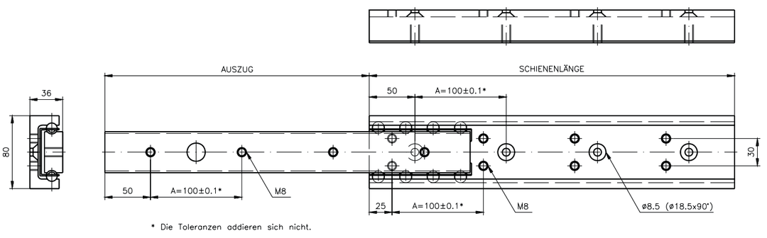 Slide rail DA 4120 (single rail) slide length 1000mm aluminium