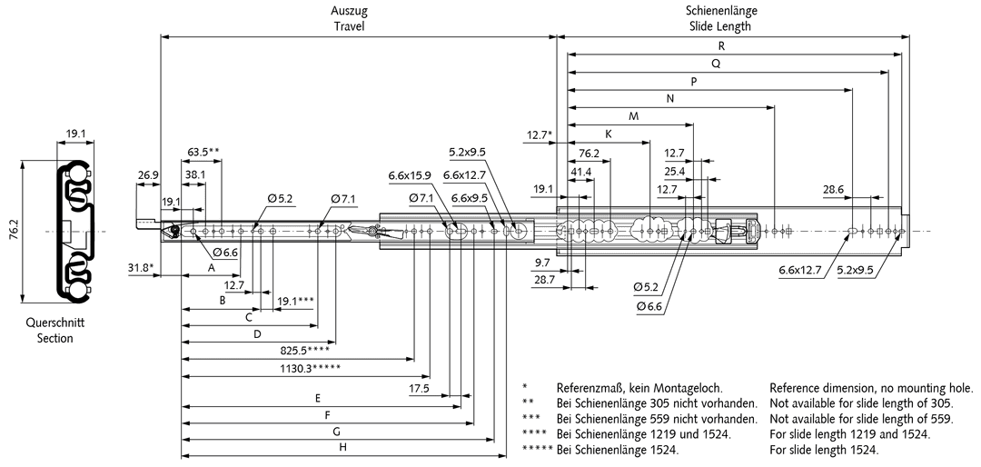 Slide rail DZ 9308 single rail left hand slide length 660mm zinc plated