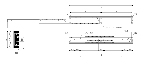 Slide set DA 4160 slide length 1000mm aluminium