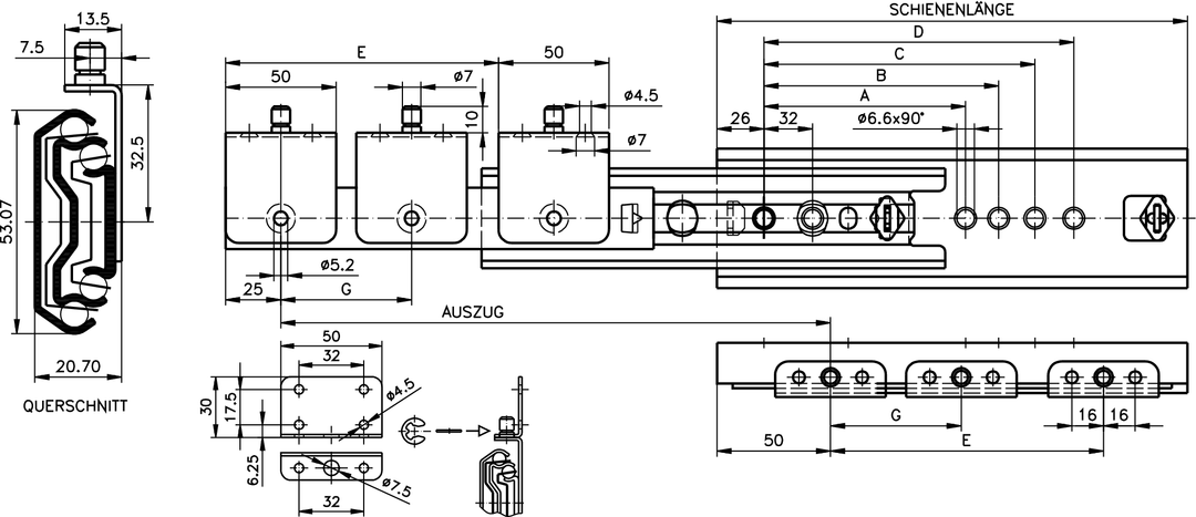 Slide set DS 5322 slide length 350mm stainless steel