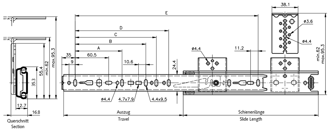 Slide set DZ 2109 slide length 450mm zinc plated