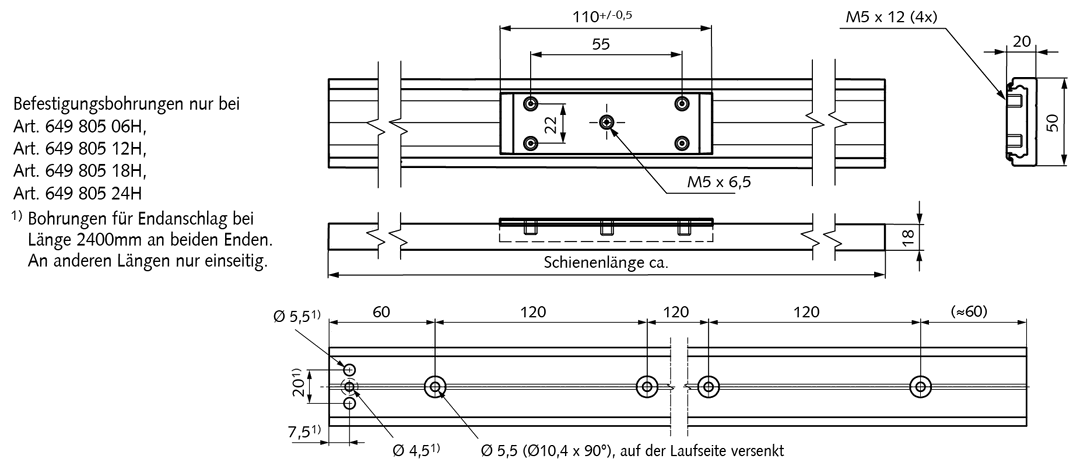 Track for linear guide DA 0118 RC aluminium length 1200mm