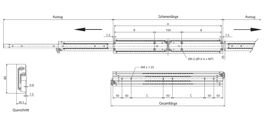Slide set DA 4165 slide length 800mm aluminium