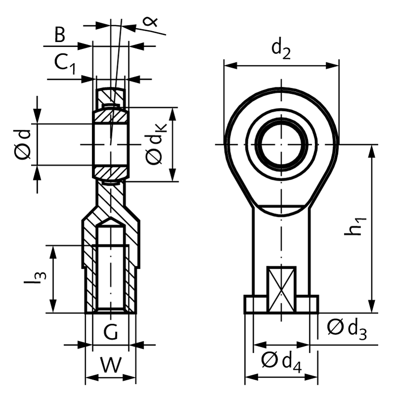 Rod end GEW DIN 12240-4 series E internal thread M14 right maintenance-free
