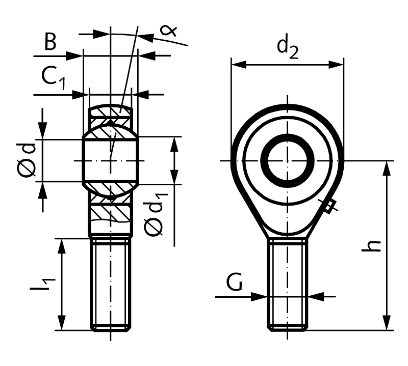 Rod end GS DIN ISO 12240-4 series K external thread M16 left == Initial lubrication required before use ==
