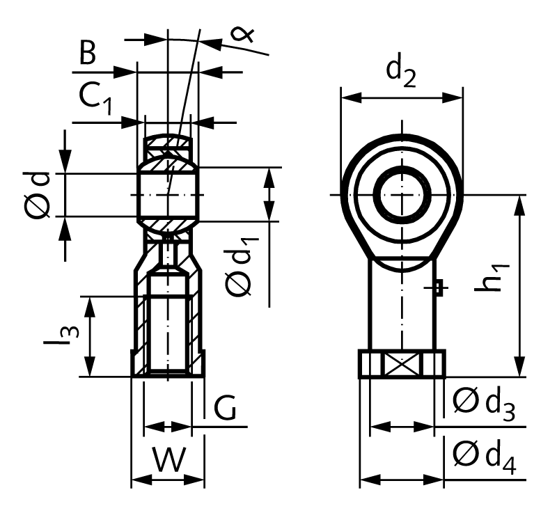 Rod end GS DIN ISO 12240-4 series K internal thread M20x1.5 right == Initial lubrication required before use ==