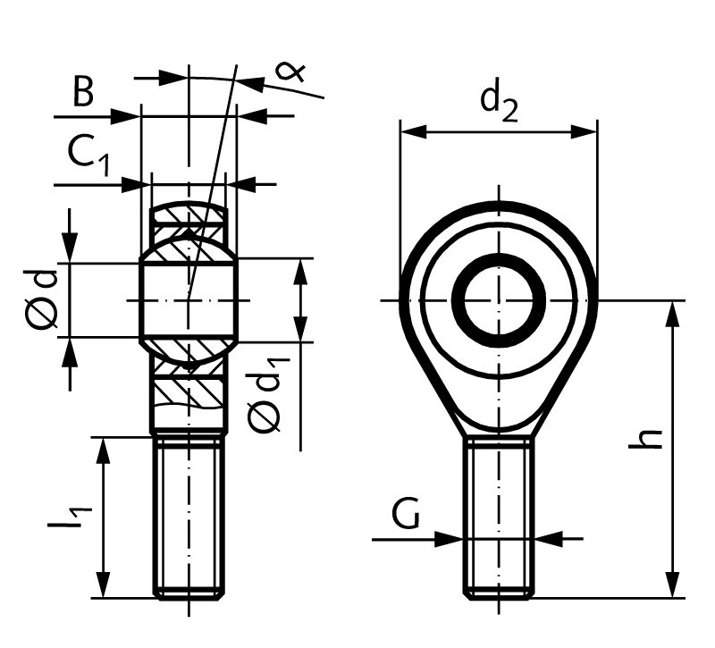 Rod end GT DIN ISO 12240-4 series K external thread M36x2 left maintenance-free