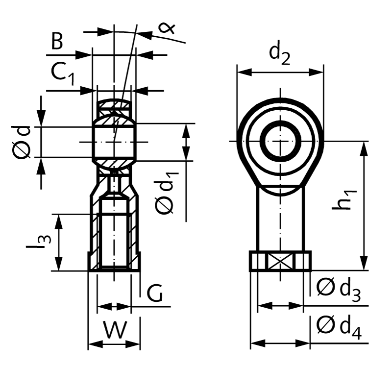 Rod end GT-R DIN ISO 12240-4 series K internal thread M5 right maintenance-free stainless steel