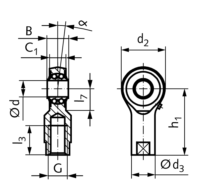 Rod end PF short version bore 10mm internal thread M8 left relubricateable