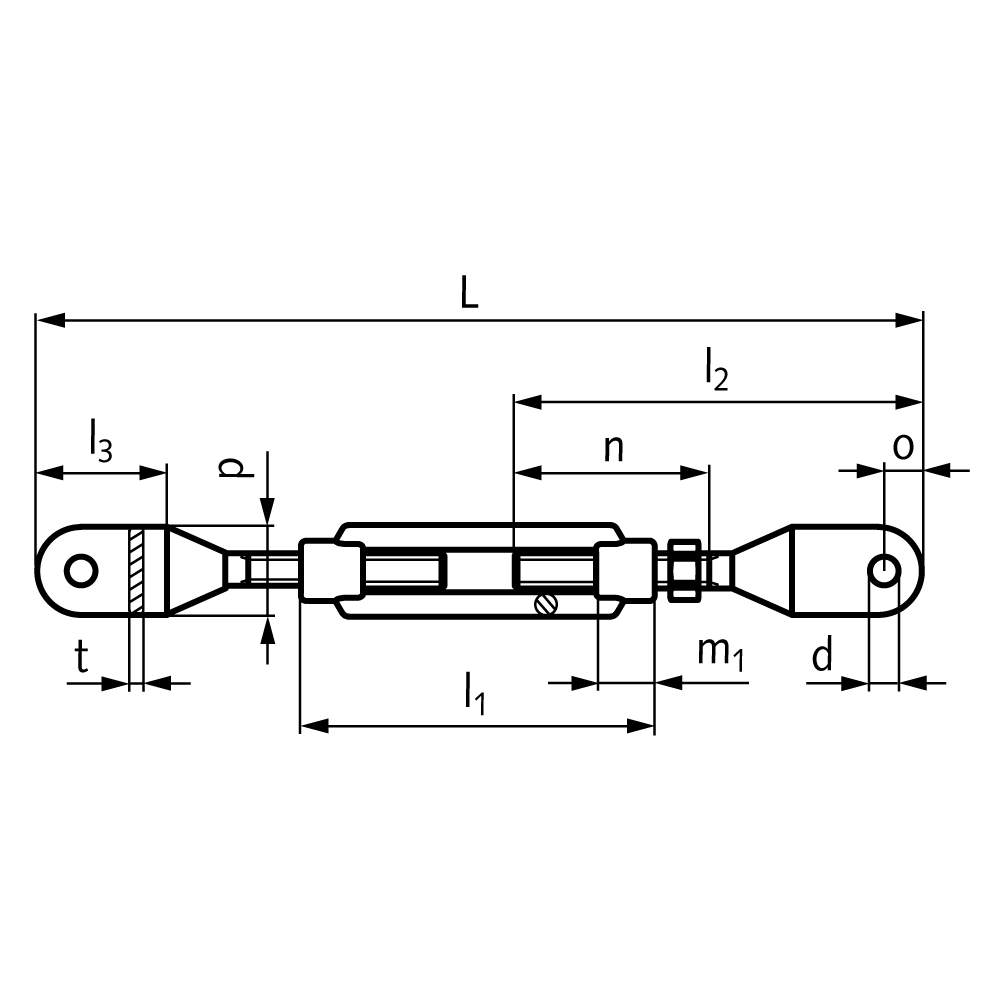 Turnbuckle DIN 1480 with 2 plane ends and hexagon nut on right thread thread M20 material S235 galvanized