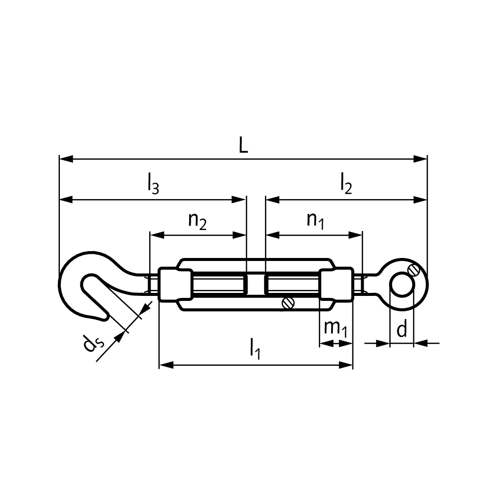 Turnbuckle DIN 1480 with hook and eye thread M16 material S235 galvanized