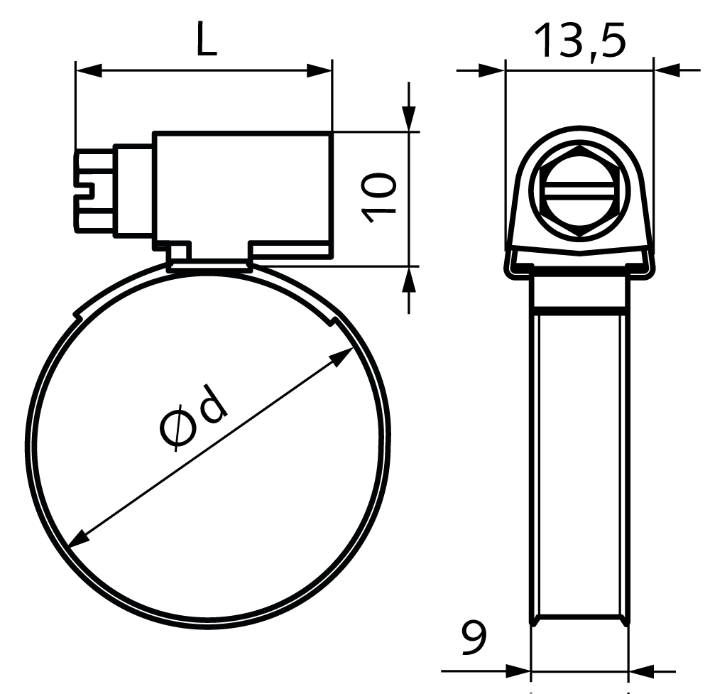 hose clamp DIN 3017 A type W4 stainless steel 1.4301 diameter range 30-45mm band width 9mm