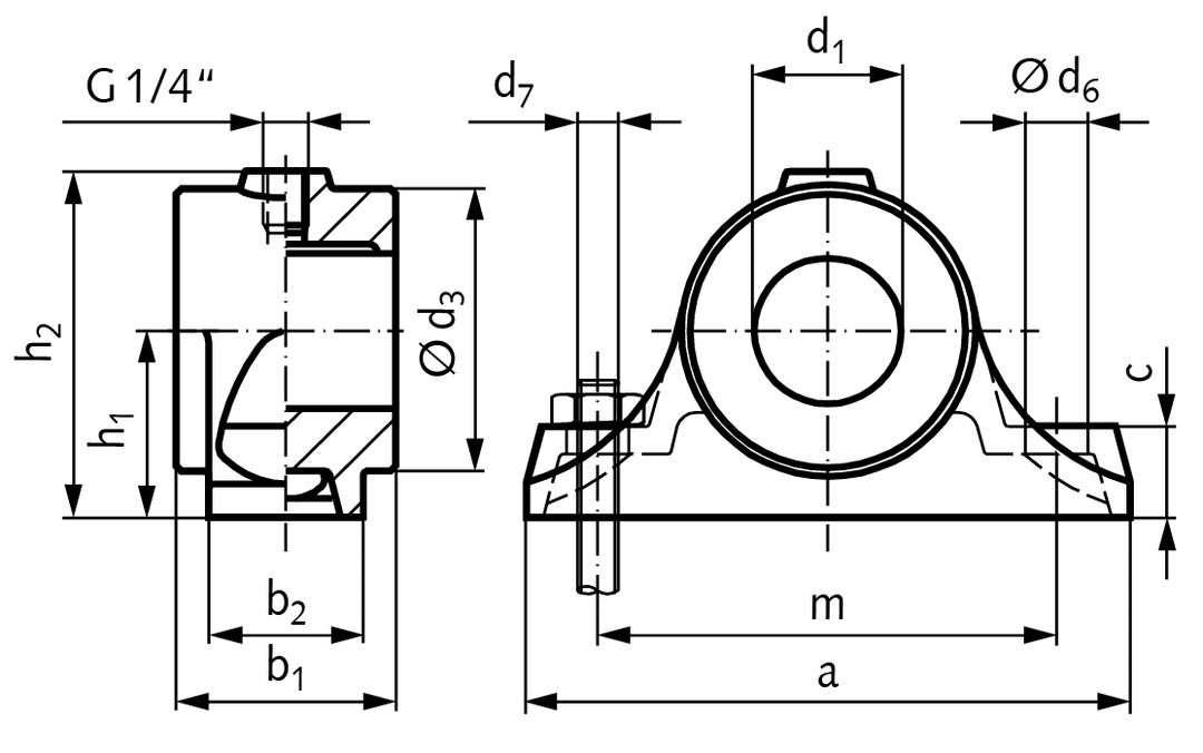 Heavy-duty pillow block bearing DIN 504 B without bush bore 25mm D7 material grey cast iron