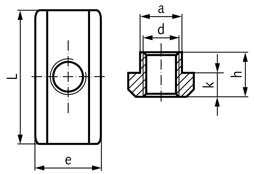 Nut DIN 508 long for T-slot 8mm DIN 650 thread M6 1.4571