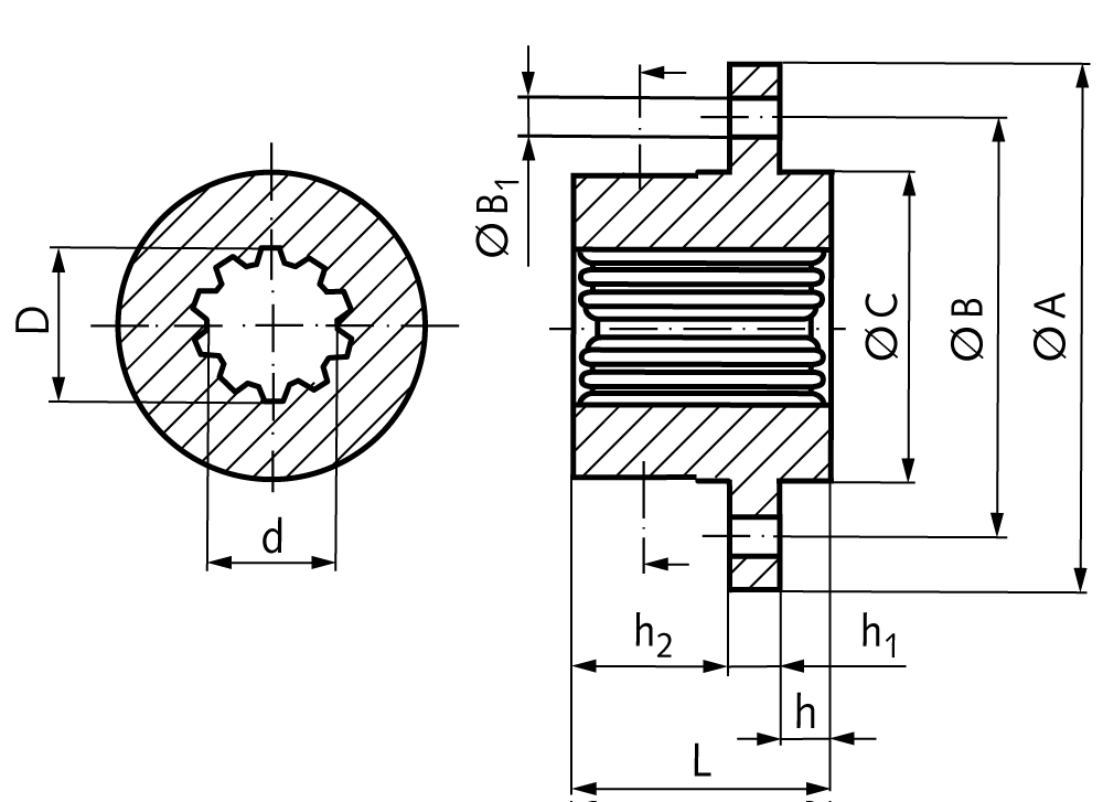 Mounting hub with profile DIN 5480 15 x 1,25 x 10 length 25mm flange diameter 58mm material C45