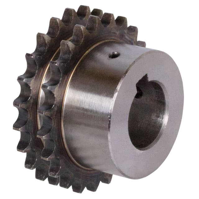 Double-strand sprocket ZRF with hub 08 B-2 15 teeth material steel bore 30H7 keyway DIN 6885/1 2 set screw threads teeth induction hardened