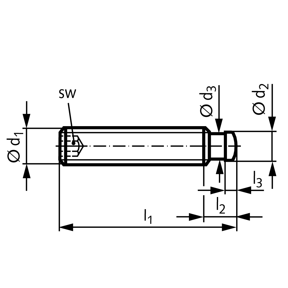Grub screw DIN 6332 with thrust point with internal hexagon thread M16 length 100mm stainless steel