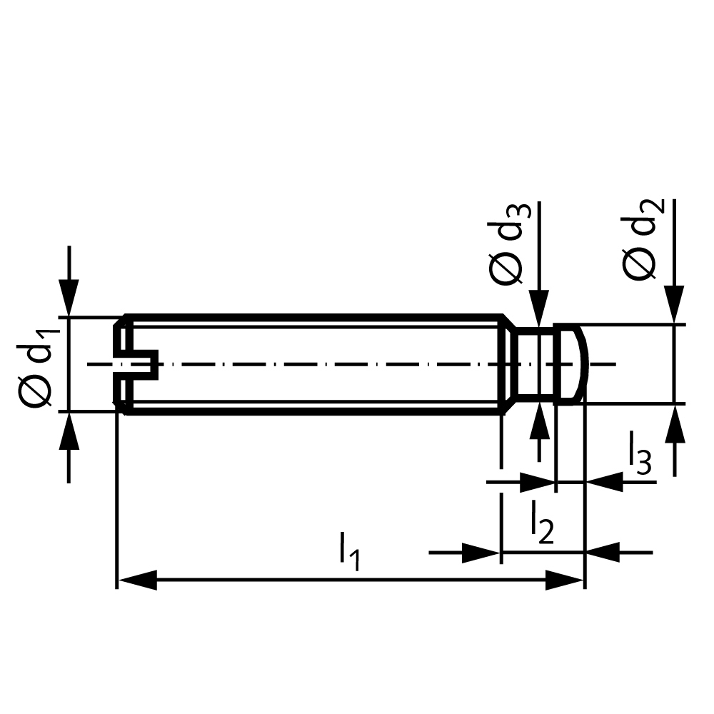 Grub screw DIN 6332 with thrust point thread M6 length 50mm steel strength 5.8 black oxide finished