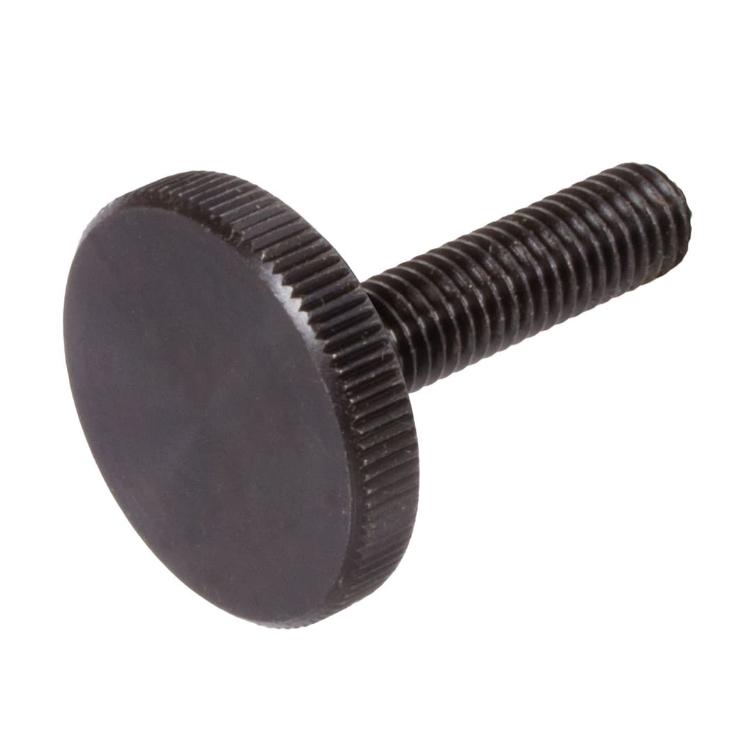 Flat knurled thumb screw DIN 653 M6 x 20mm long steel strength 5.8 black oxide finished