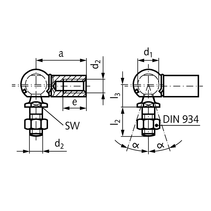 Angle joint DIN 71802 type CS with safety circlip size 8 thread M5 right with nut stainless steel 1.4301