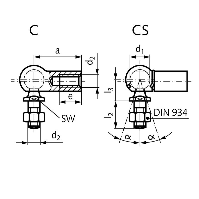 Angle joint DIN 71802 type C size 16 thread M10 right with nut steel zinc-plated