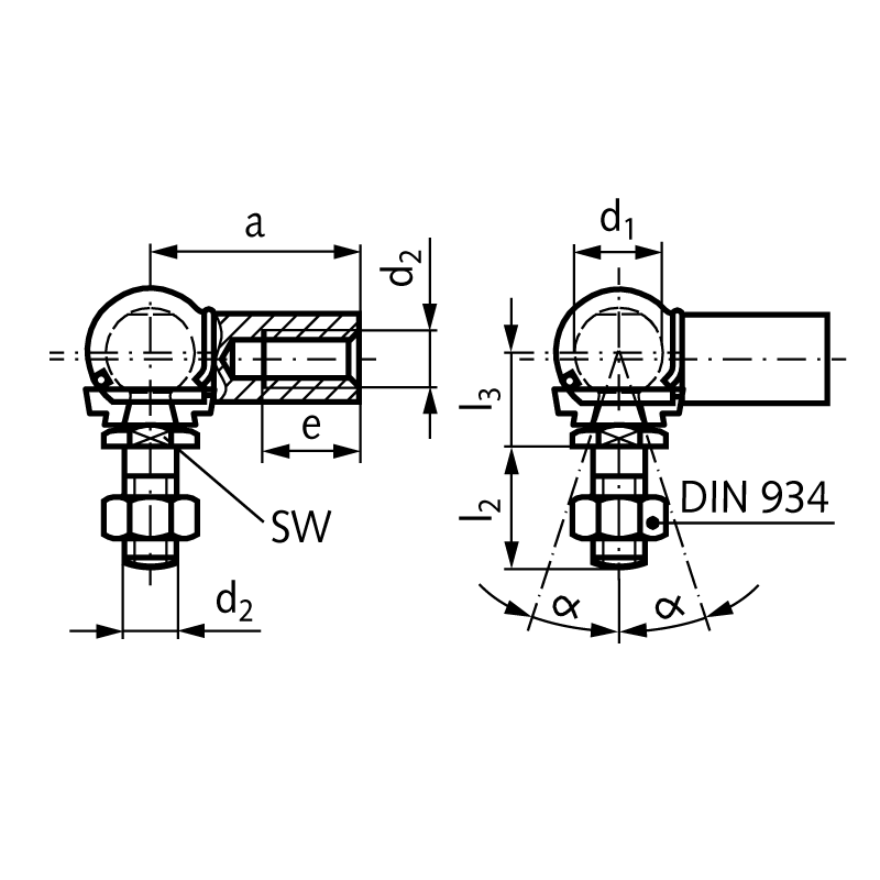 Angle joint DIN 71802 type CS with safety circlip size 19 thread M14x1.5 right with nut stainless steel 1.4301 with mounted sealing cap