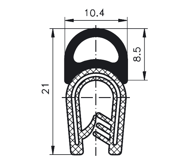 Edge trim PVC/EPDM application range 1.0 – 4.0 mm total height 21mm total width 10.4mm