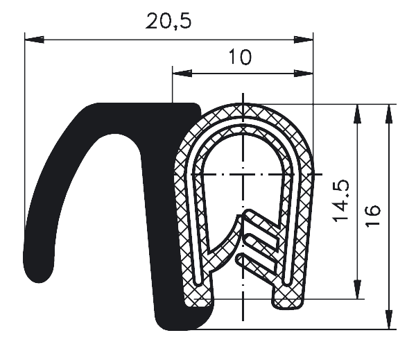 Edge trim PVC/EPDM application range 1,0 – 4,0 mm total height 16mm total width 20.5mm