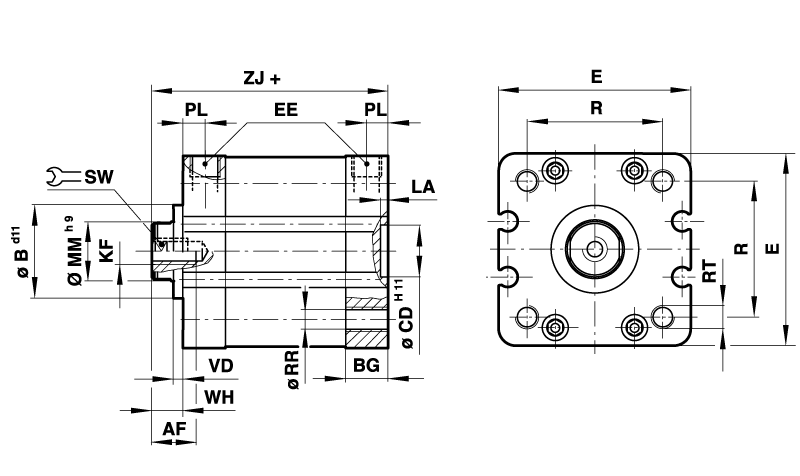 Double-acting compact cylinder with magnetic piston, cylinder diameter 40mm, travel 50mm