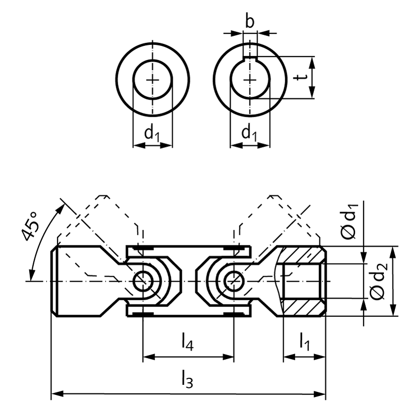 Precision double universal joint WD DIN808 double bore 35H7 material steel total length 212mm outer diameter 78mm