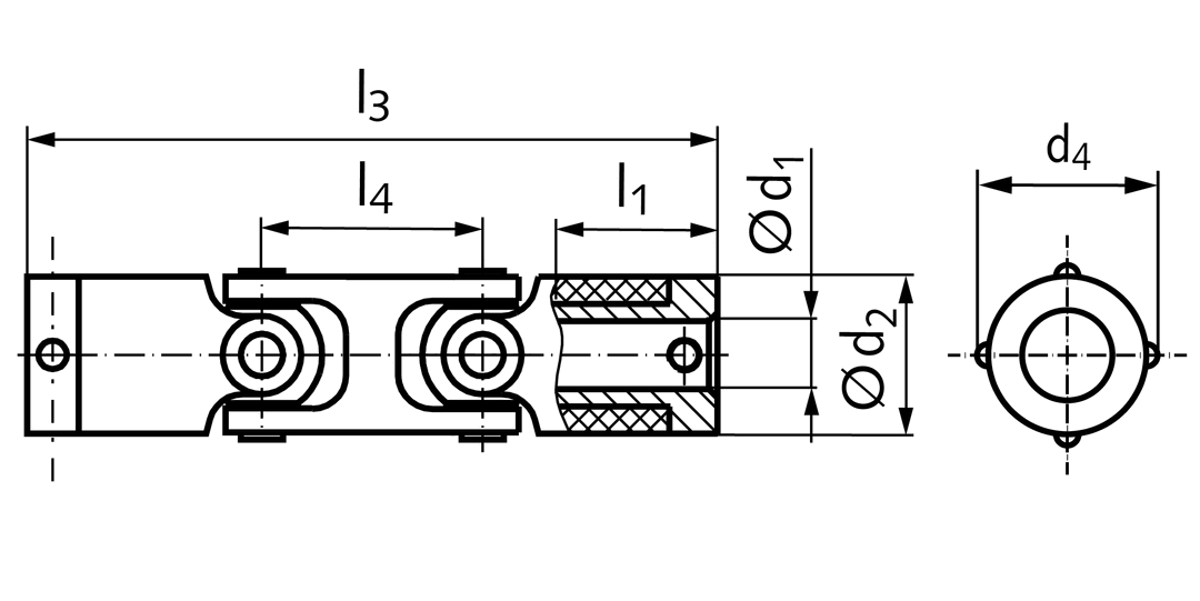 Double universal joint UKD both-sided bore 4mm length 50.8mm ends with metal cap