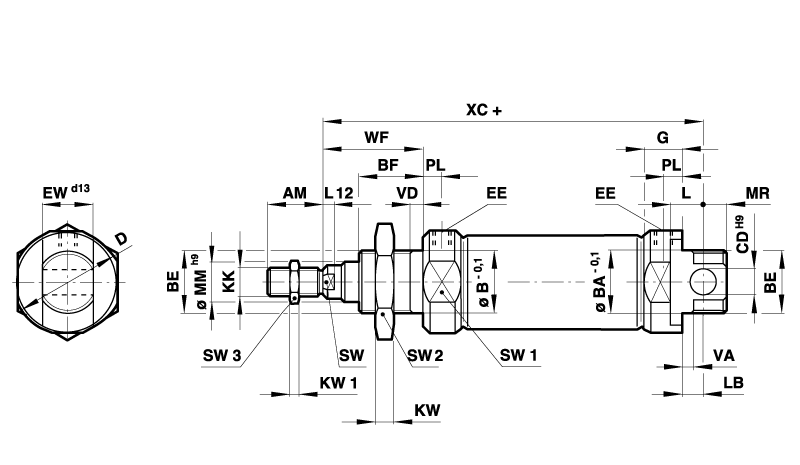 Double-acting round cylinder in accordance with ISO 6432 with magnetic piston, cylinder diameter 10mm, travel 25mm
