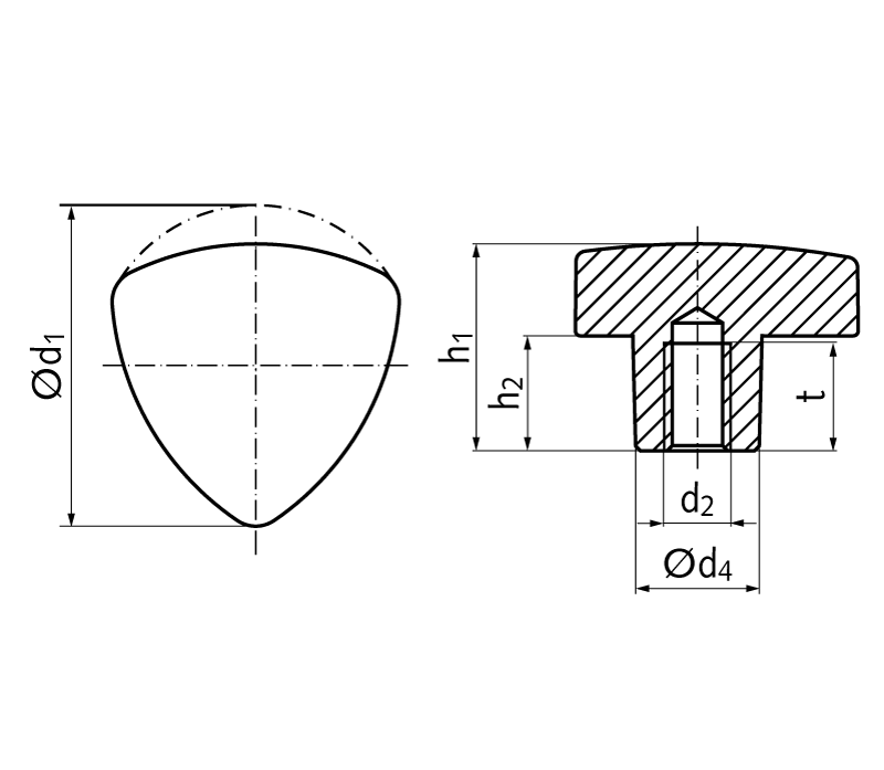 Triangular knob stainless steel d1 = 40mm internal thread M8