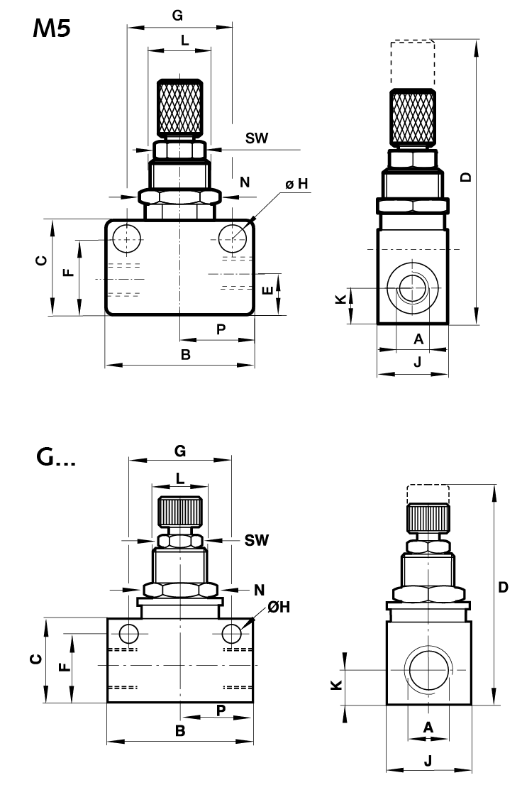 Block form flow regulator uni-directional thread G1/8