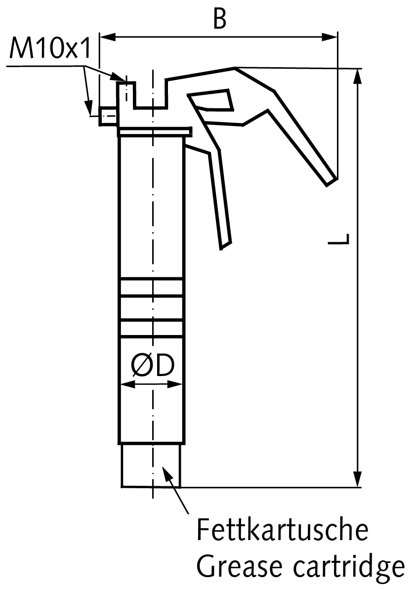 One-hand grease gun for Lube-Shuttle® cartridges M10x1 with high-pressure rubber armoured hose with coupler