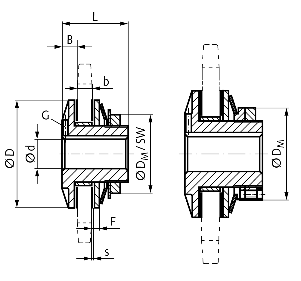 Sliding hub FS torque adjustable 20-90 Nm with pilot bore 13H8 outer diameter 90mm max. bore: 25mm bush length 13.7mm